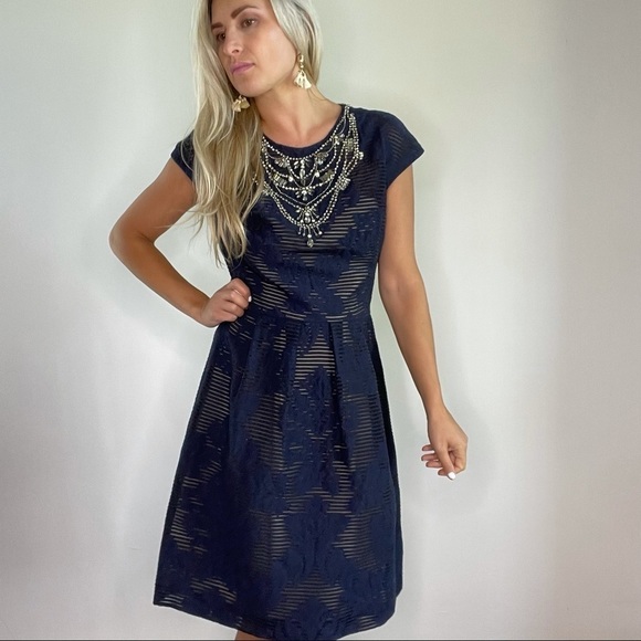 Lela Rose Navy Blue Jeweled Neck Full Skirt Dress - Picture 10 of 16